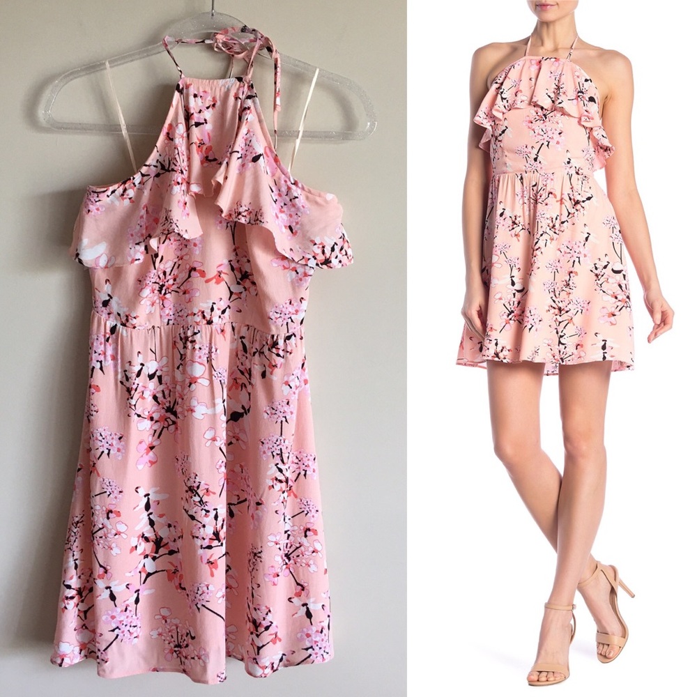 CUPCAKES AND CASHMERE Corralyn Floral Halter Neck Dress Peach Parfait NEW